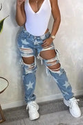 Women's Pentagram Printed Ripped Casual Jeans