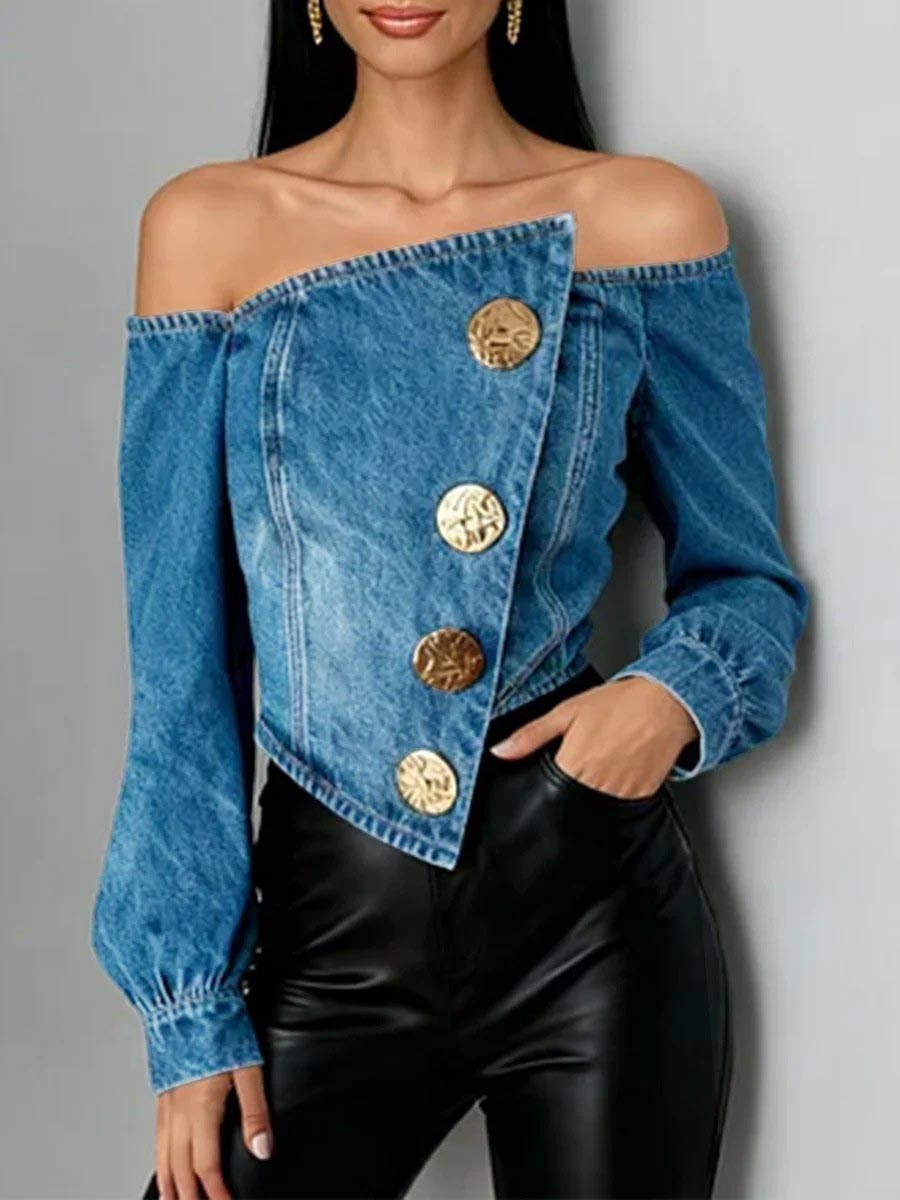 Buttoned Pleated Solid Color Split-Joint Irregularity Long Sleeves Off-The-Shoulder Blouses&Shirts Tops