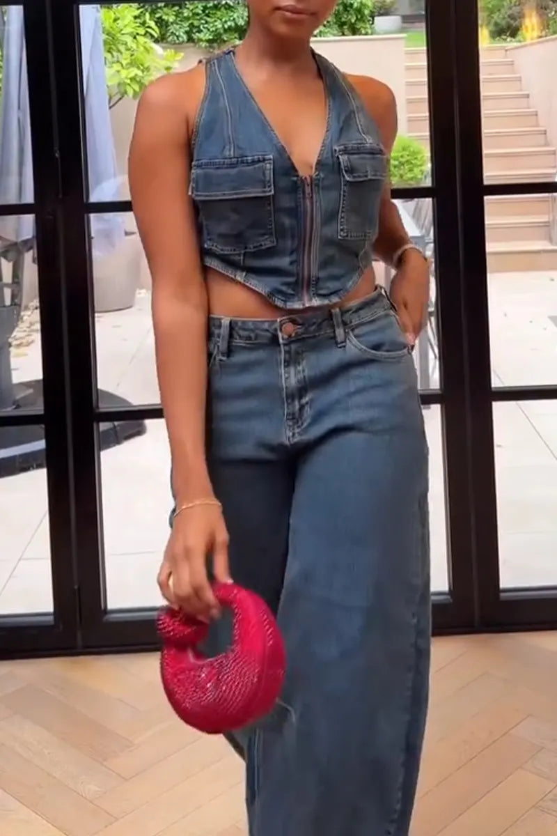 Women's V-neck Patchwork Pocket Vest or Wide Leg Jeans