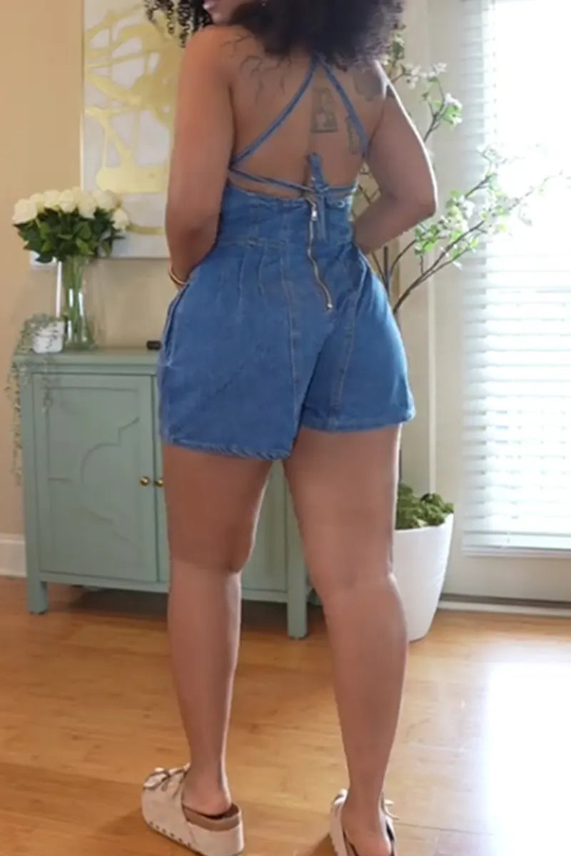 Women's Lace Up Backless Cropped Denim Romper