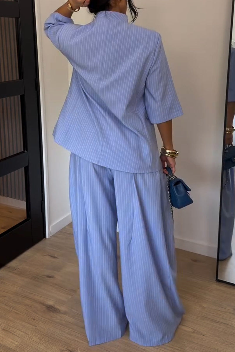 Women's Simple Urban Short Sleeve Stripe Blazer Pants Two-Piece Set