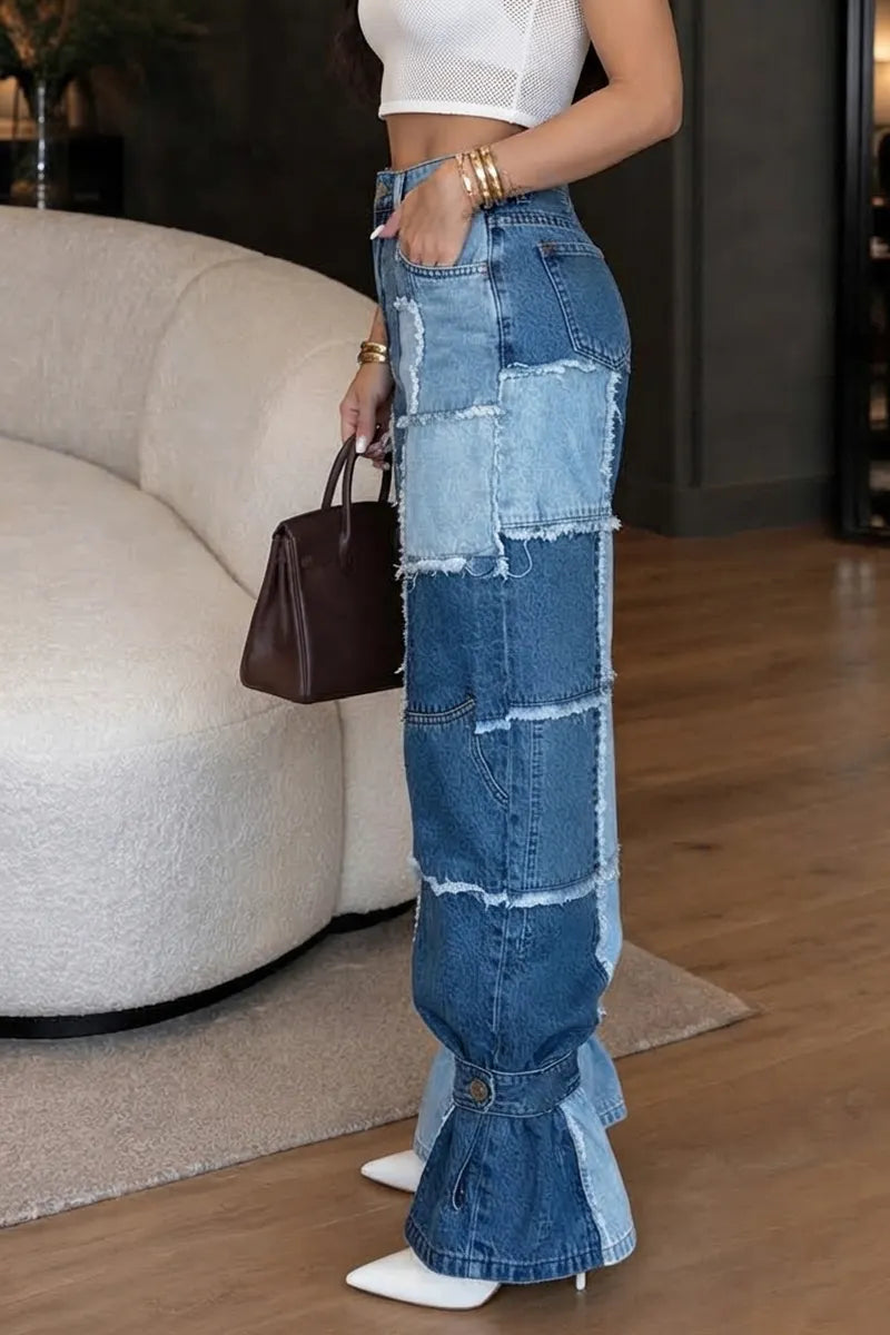 Women's Vintage High Waist Patchwork Frayed Wide Leg Blue Jeans