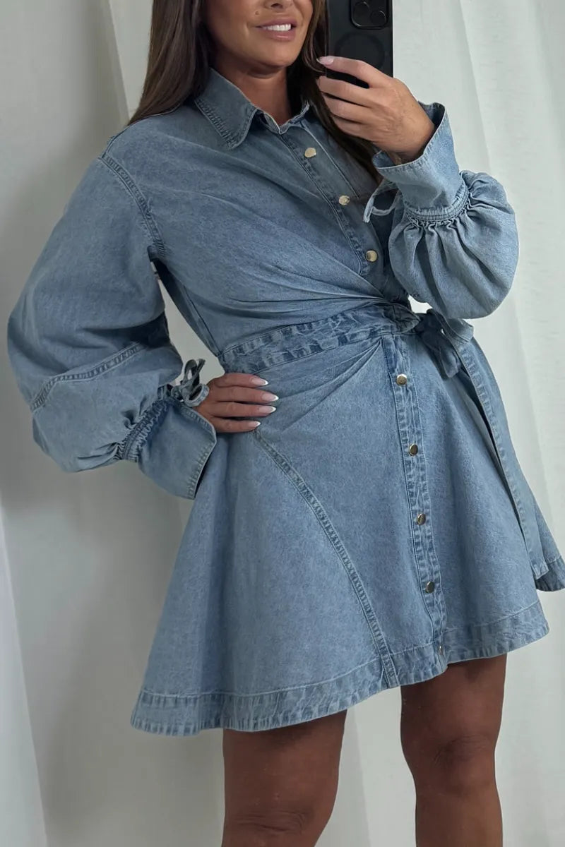 Women Denim Pleated Long Sleeve Belted Dress
