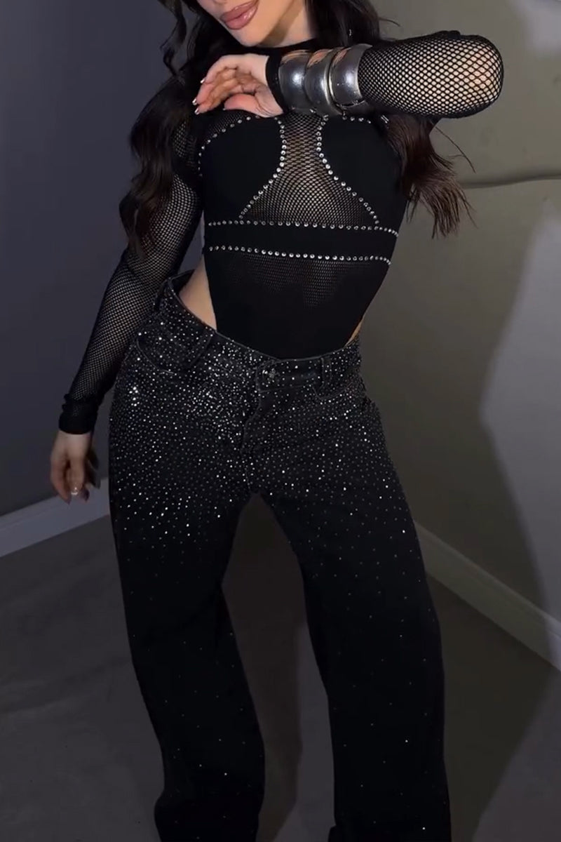 Women's Fashion Mesh Patchwork Rhinestone Bodysuit or Rhinestone Jeans