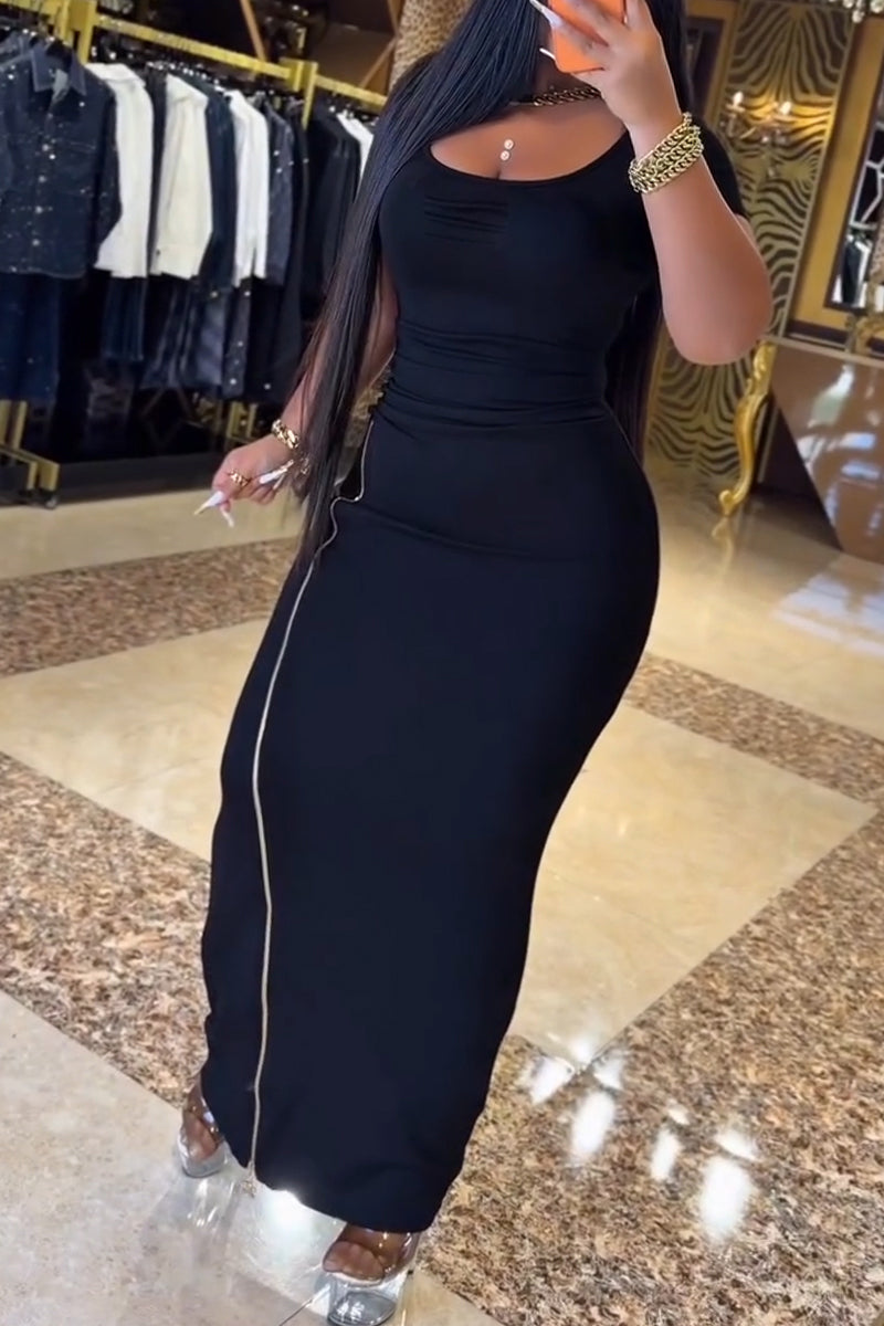Women's U-neck Patchwork Zipper Slit Elegant Temperament Dress