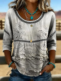Women's Vintage Floral Print Casual Hollow Denim Shirt