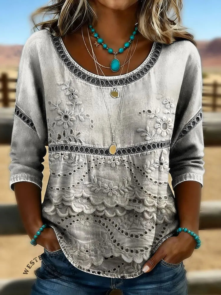Women's Vintage Floral Print Casual Hollow Denim Shirt