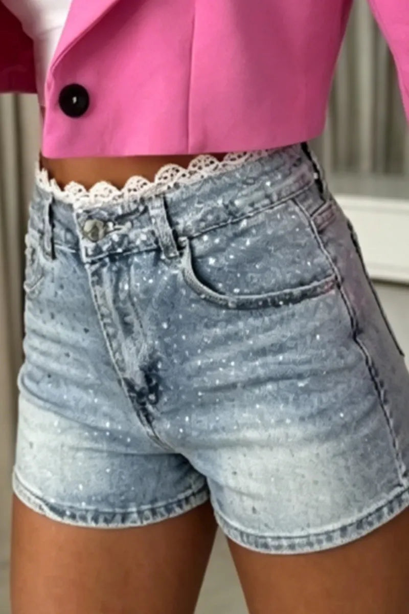 Women's Short Denim Shorts With Rhinestone Accents And Lace Waistband