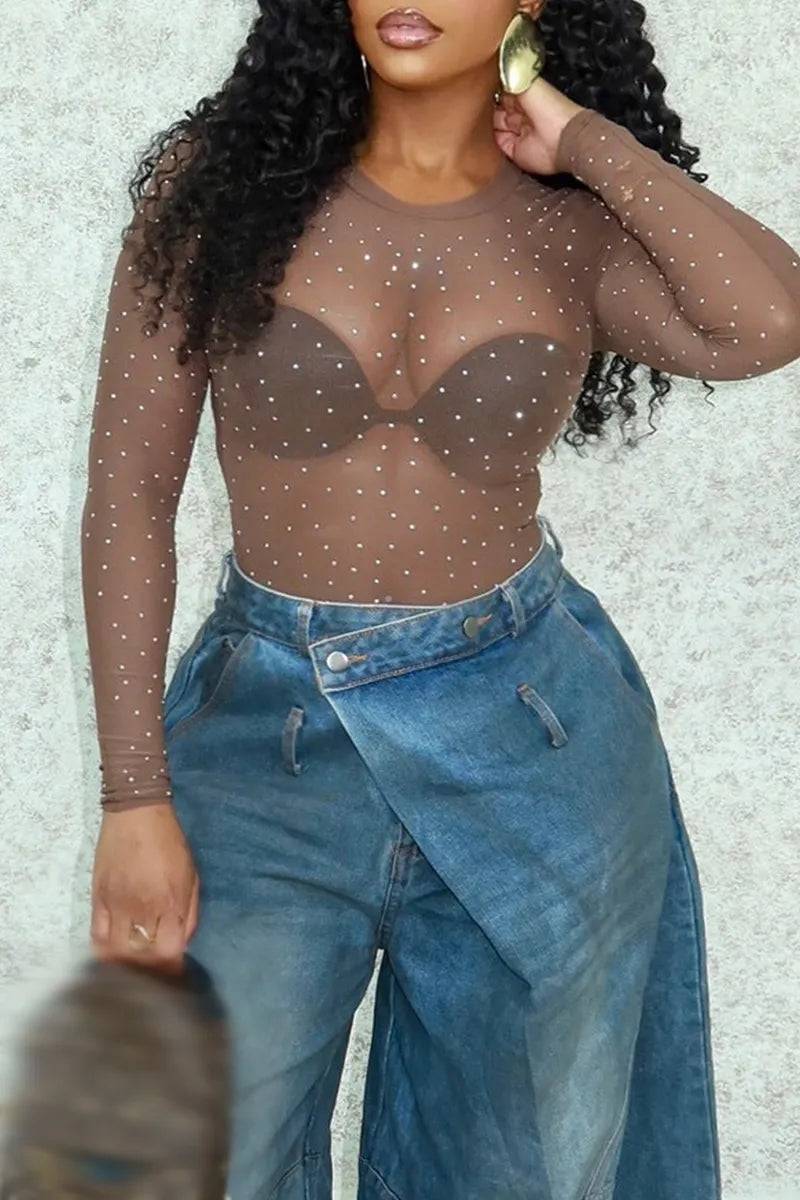 Women's Round Neck Rhinestone See-Through Sexy Casual Top