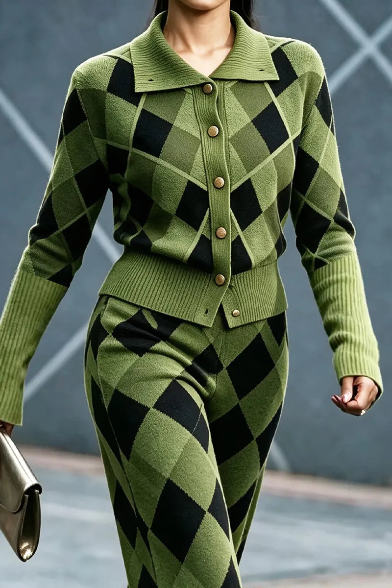 Women's Casual Collar Knitted Plaid Top or Pants