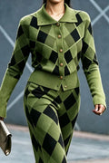Women's Casual Collar Knitted Plaid Top or Pants