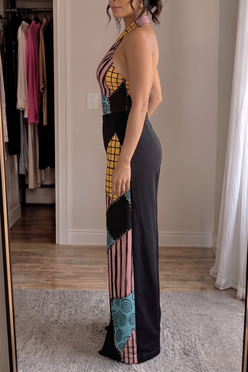 Women's The Nightmare Before Christmas Sally Patchwork Halter Wide Leg Jumpsuit