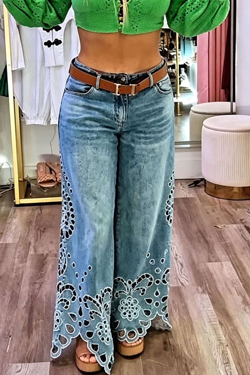 Women's Fashion Pattern Embroidery Cut-Out Hem Wide Leg Jeans