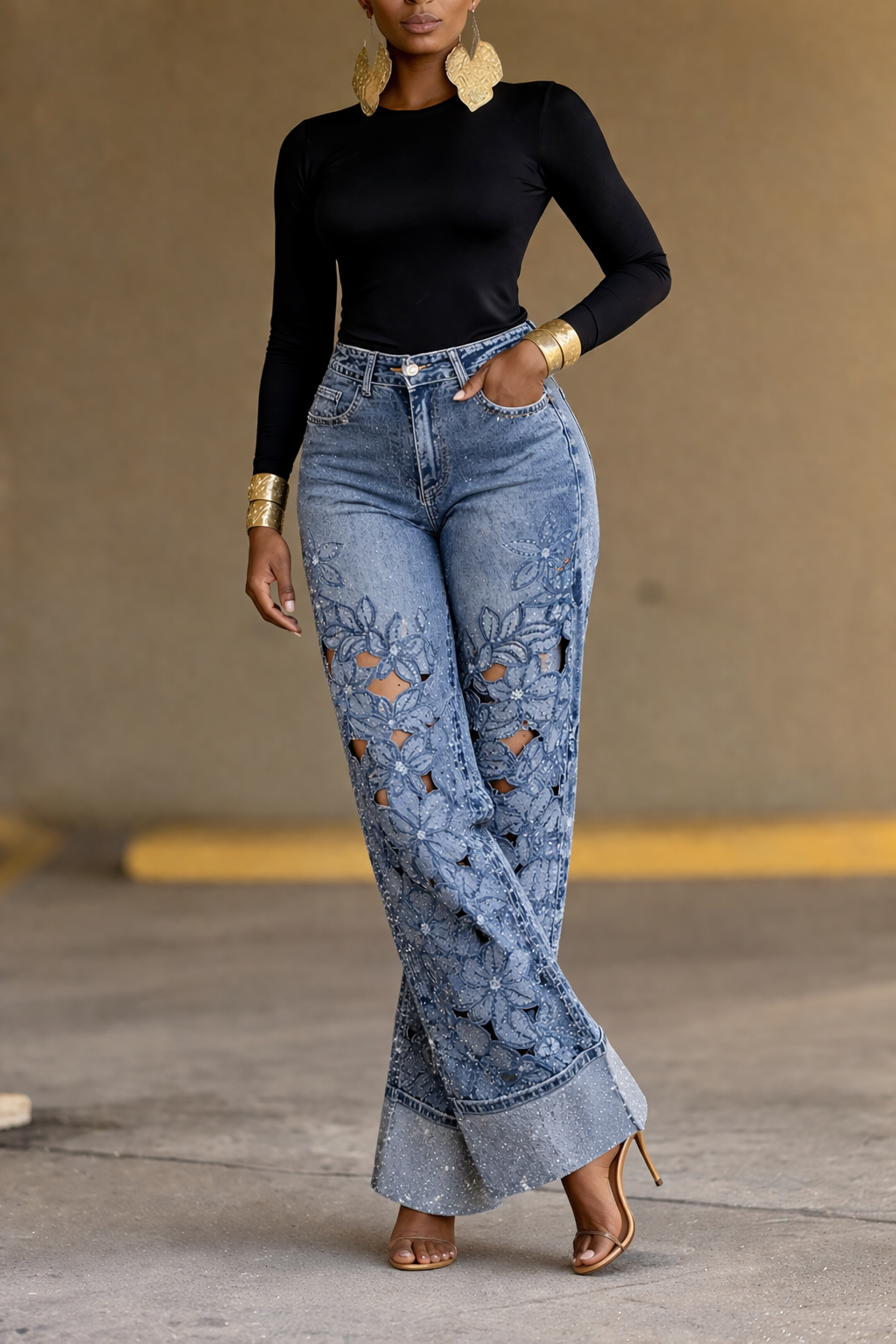 Women's Denim Jeans with Floral Cutouts, Cuffed Hems, and Rhinestone Embellishments