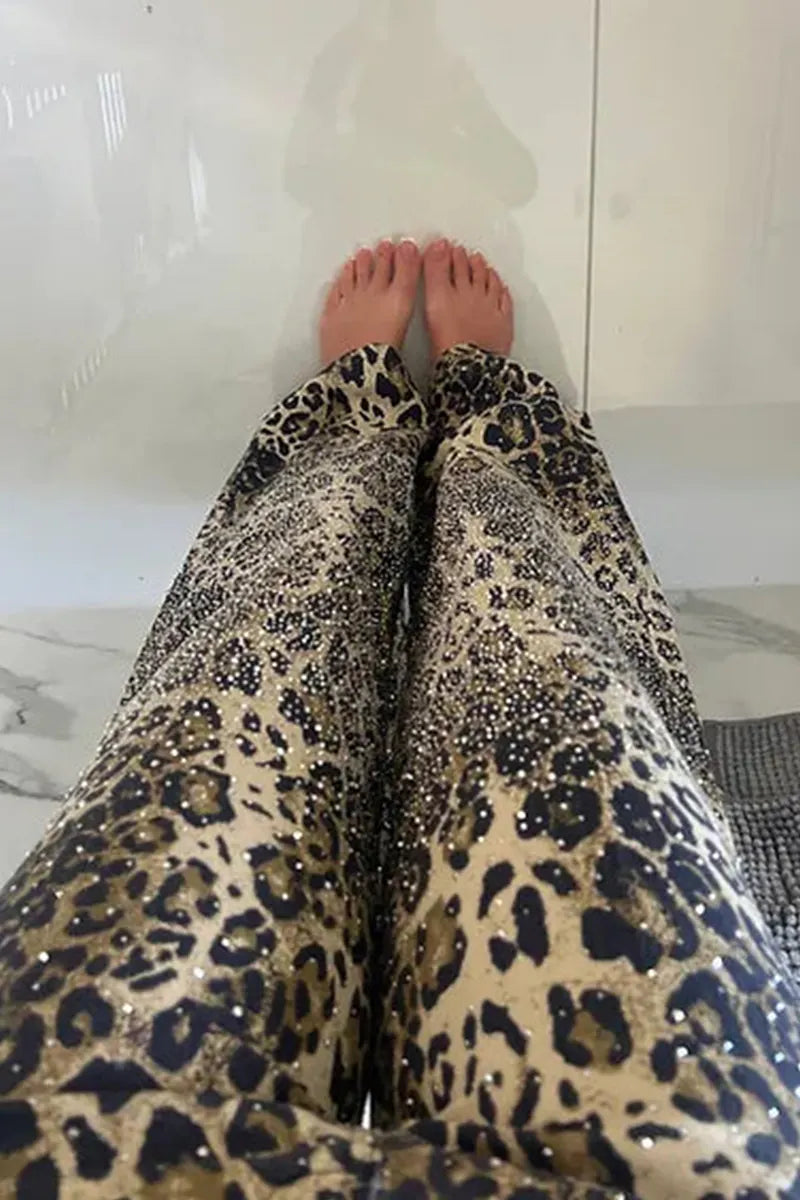 Women's Casual Leopard Print Wide Leg Jeans