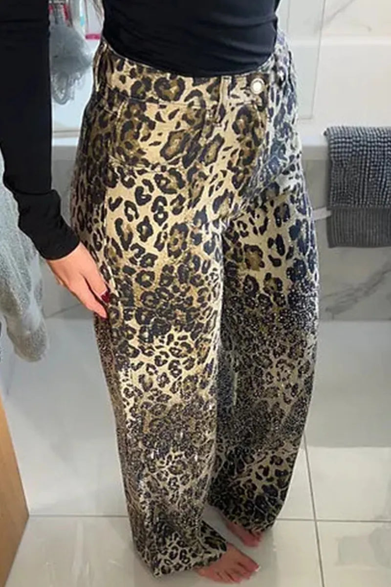 Women's Casual Leopard Print Wide Leg Jeans