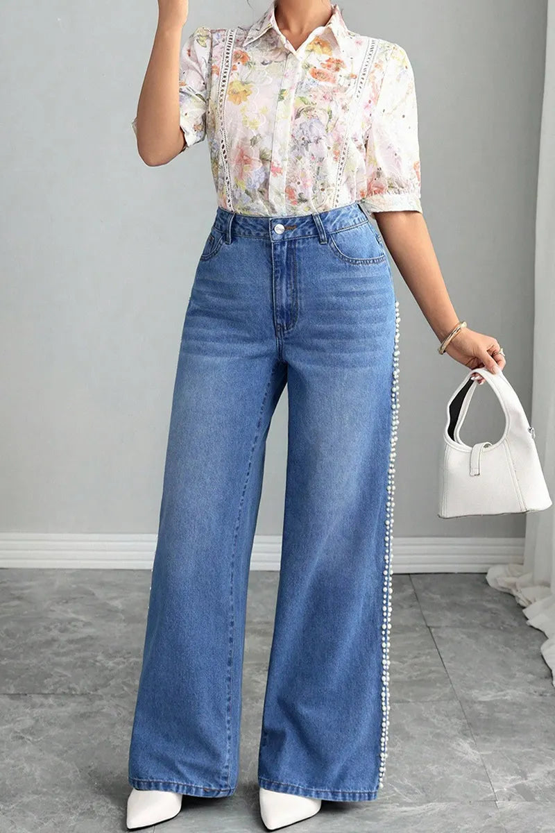 Ladie's Pearl-Embellished Lace Trim Jeans
