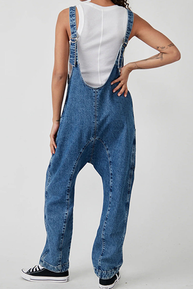 Women's V-Neck and Pockets Strap Denim Overalls
