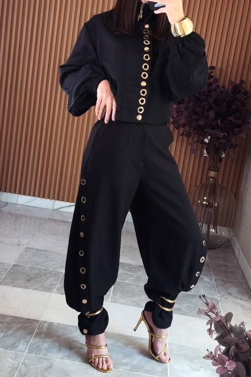 Women's Round Neck Metal Hollow Jacket+ Pants Temperament Casual Suit