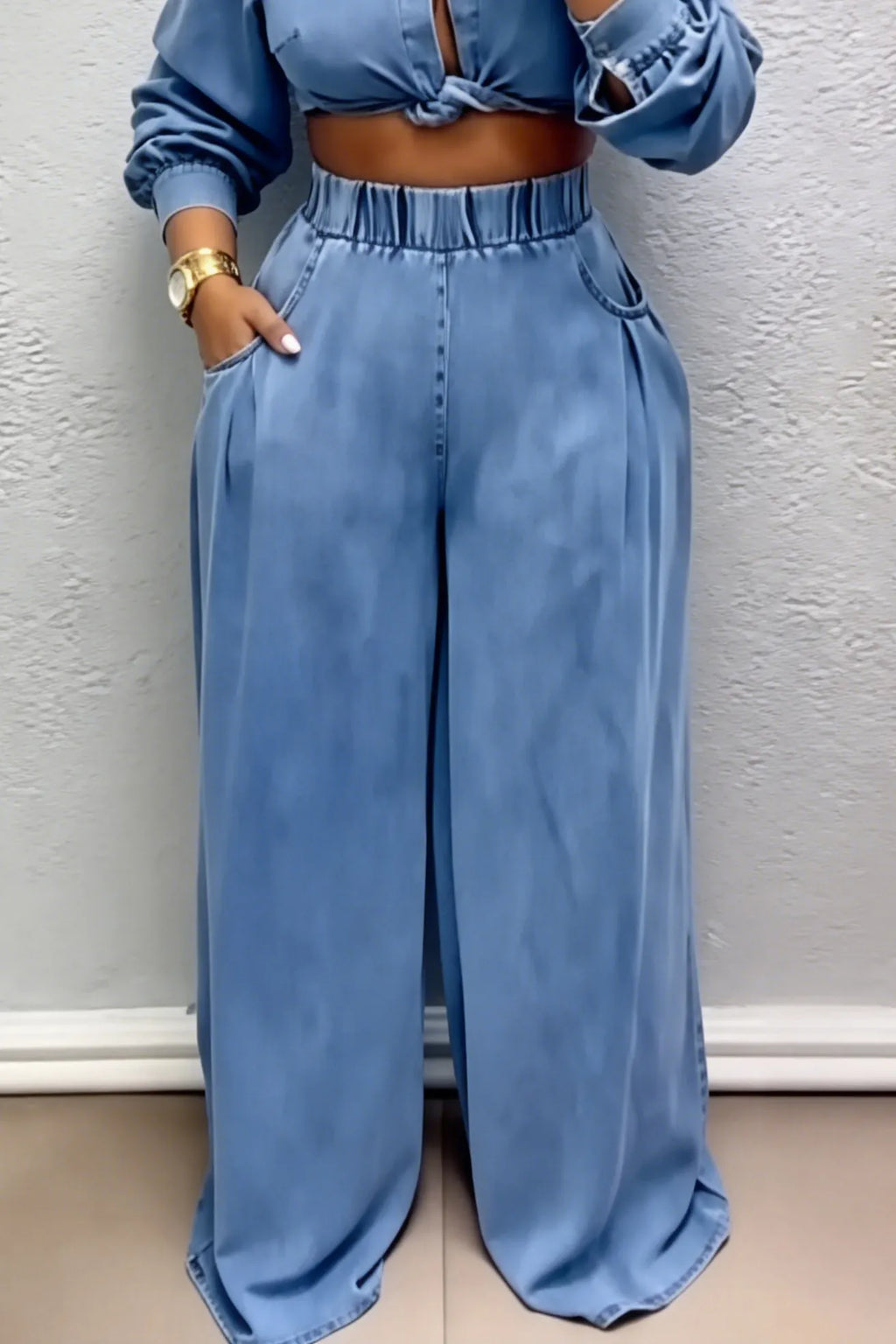 Women's Casual Puff-Sleeve Denim Shirt & Wide-Leg Jeans