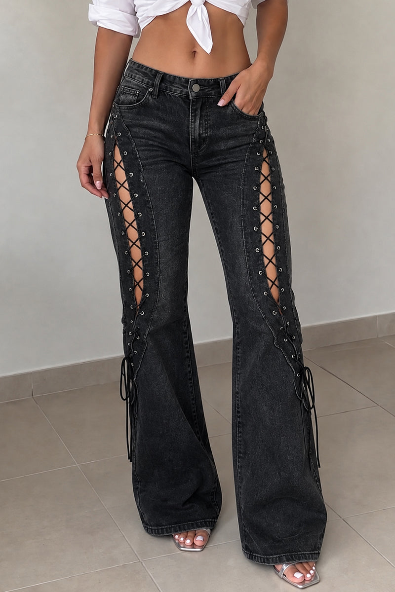 Women's Edgy High Waist Side Cutout Lace Up Washed Black Flare Jeans