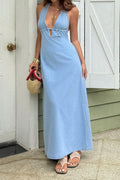 Women's Casual Sleeveless Deep V Halter Denim Maxi Dress with Front Cutout Detail