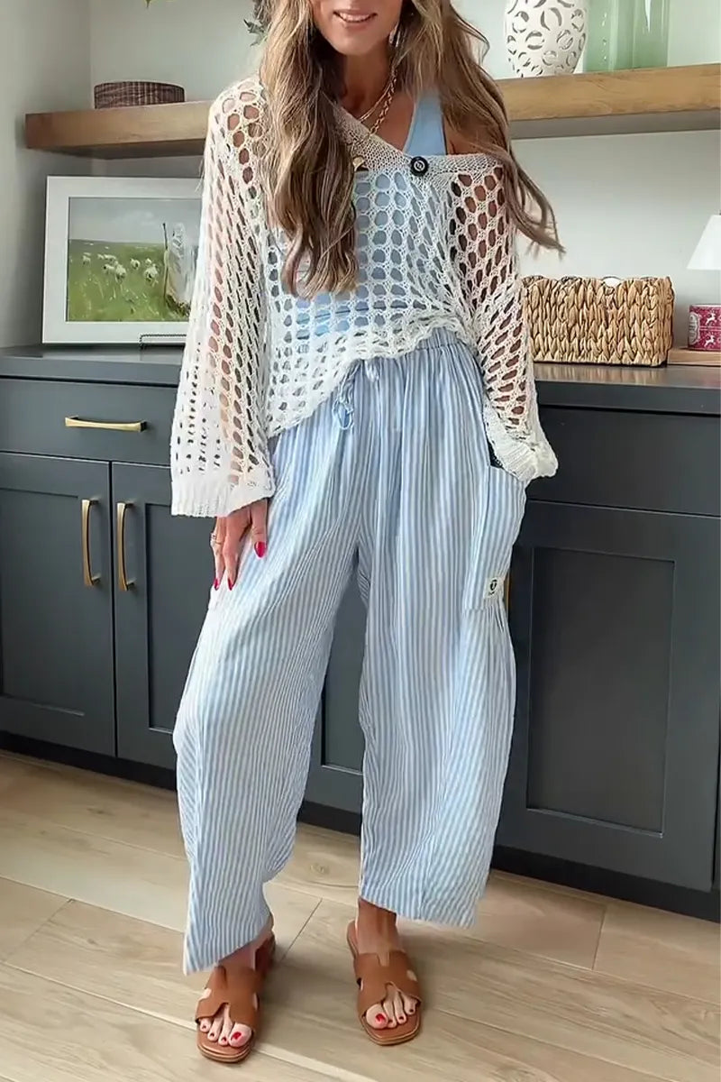 Women Drawstring Vertical Stripe Casual Linen Pants