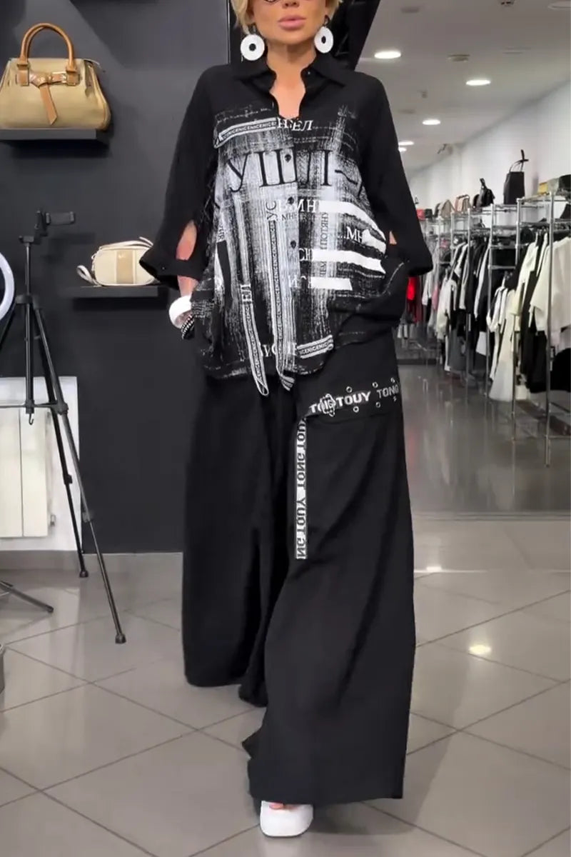Women Collar Printed Shirt + Wide Leg Pants Loose Casual Suit