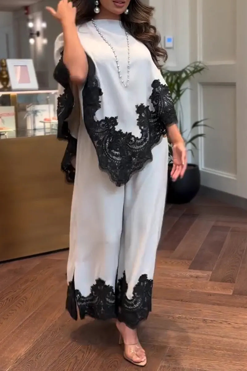 Women's Round Neck Patchwork Lace Patterned Top+ Wide Leg Pants Elegant Temperament Set