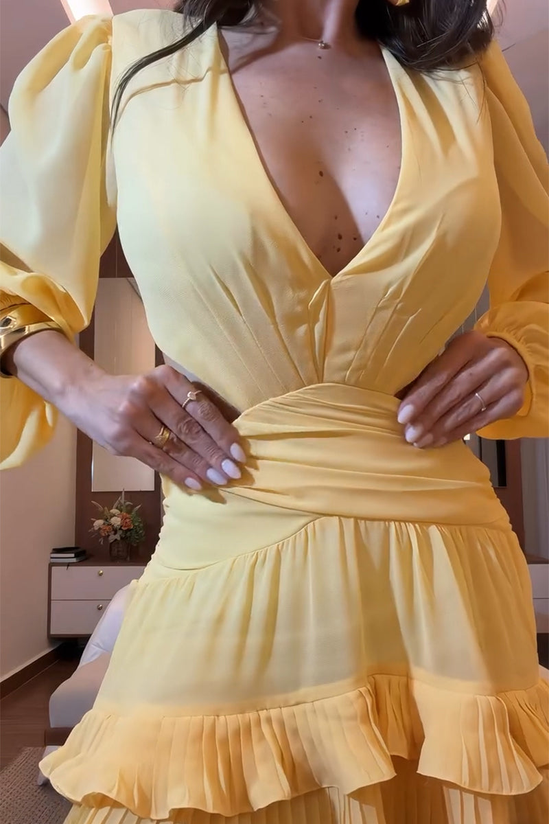Women's Elegant Puff Sleeve Waist Cut-Out Tiered Hem Mini Dress