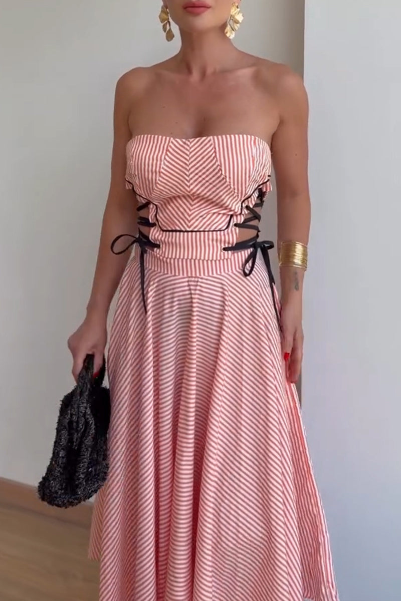 Women's Casual Vacation Side Tie Strapless A-Line Skirt Stripe Two-Piece Set