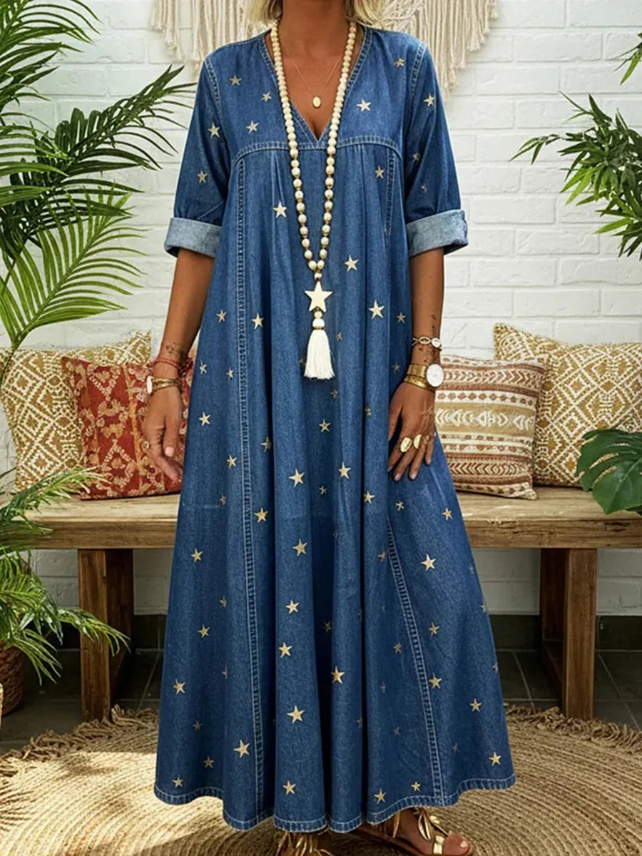 Pleated Pockets Printed Split-Joint A-Line Long Sleeves V-Neck Maxi Dresses