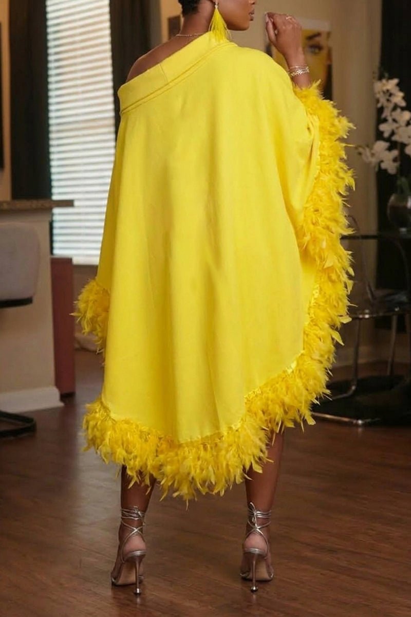 Women's Fashion Asymmetric Neckline Batwing Feather Hem Midi Dress
