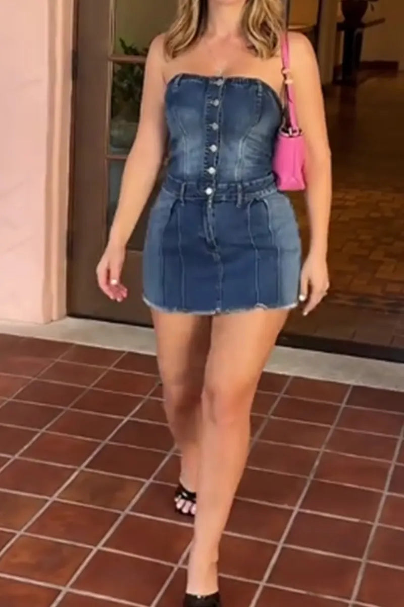 Women's Irregular Sexy Button Short Denim Dress
