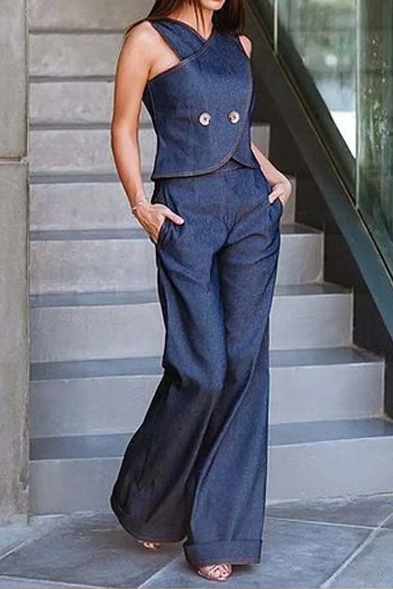 Women's Denim Asymmetrical Sleeveless Top Or Wide-Leg Pants