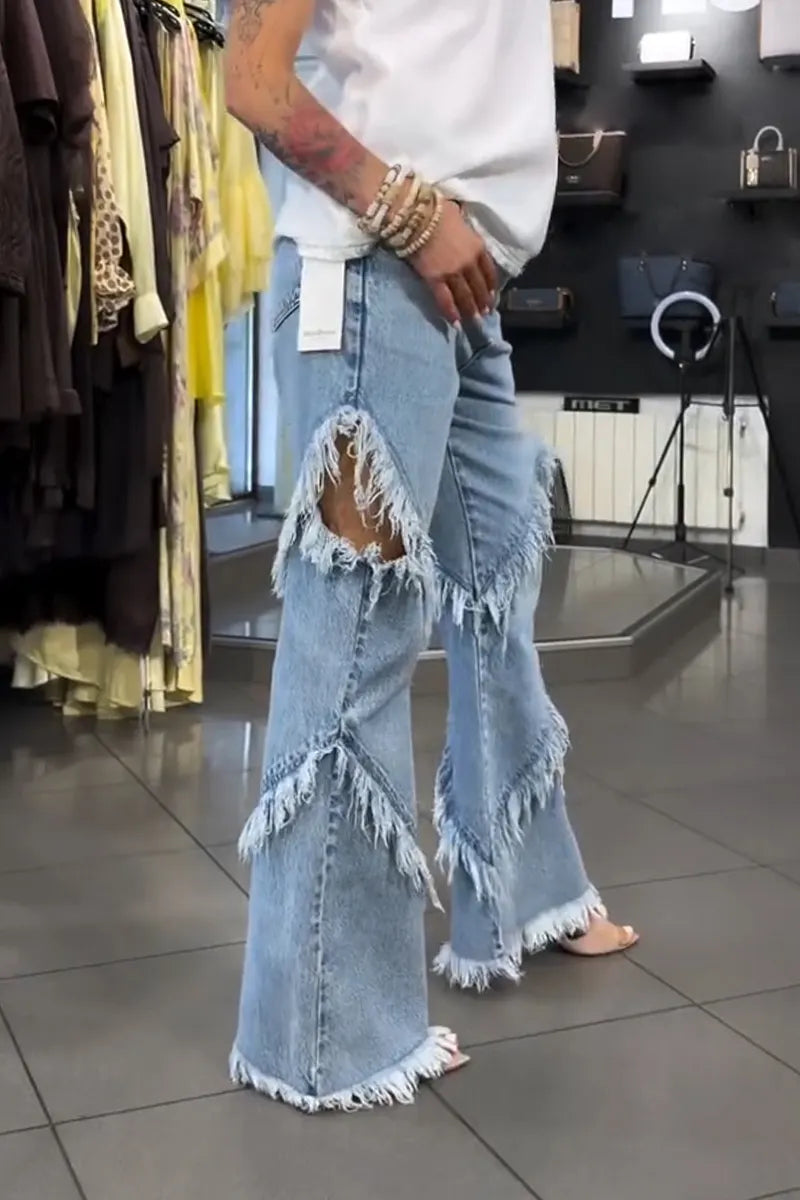 Women's Patchwork Frayed Washed Casual Jeans