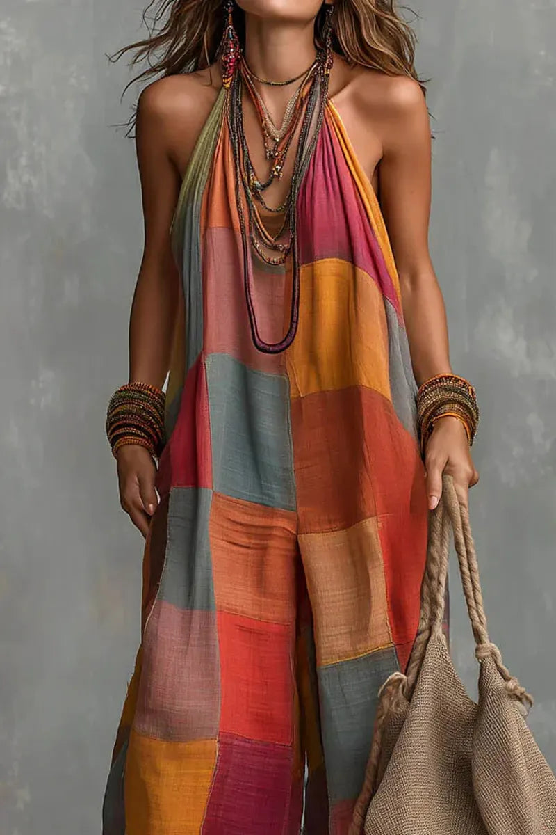 Women's Plaid-print Casual Loose Halter-neck Cotton-linen Wide-leg Jumpsuit