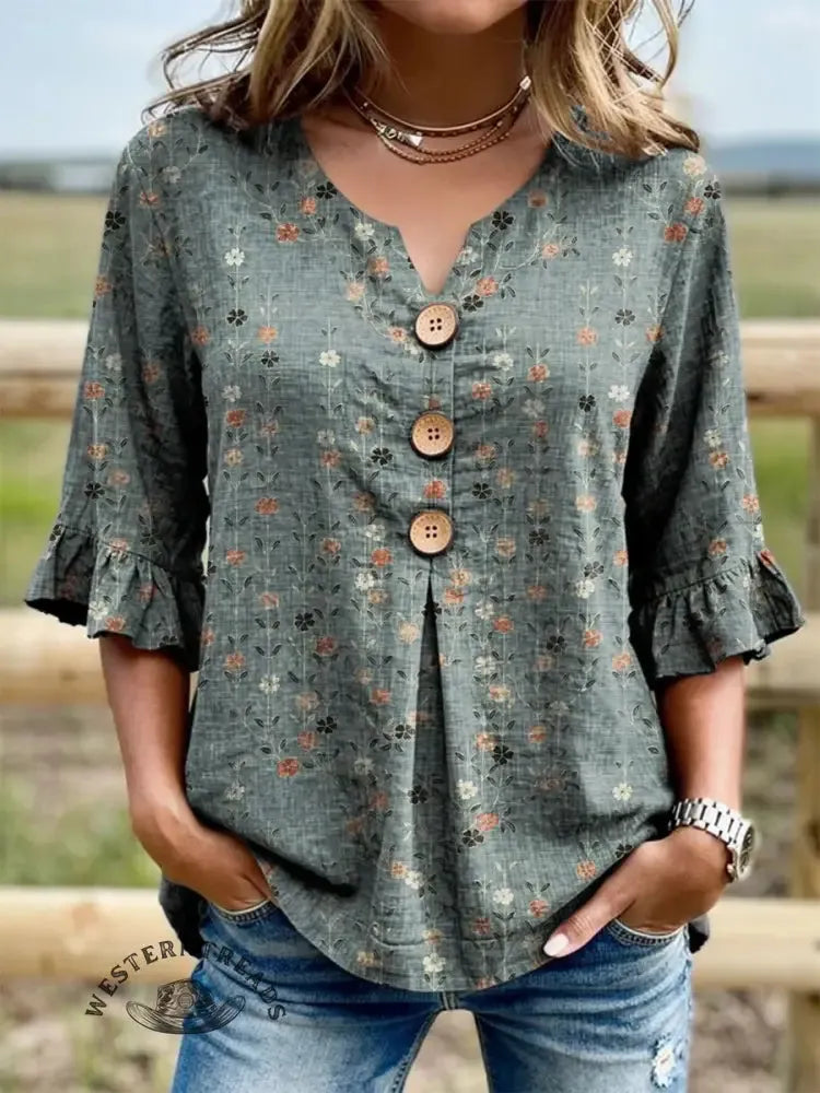Retro Floral Art Print Casual Bottom Denim Shirt