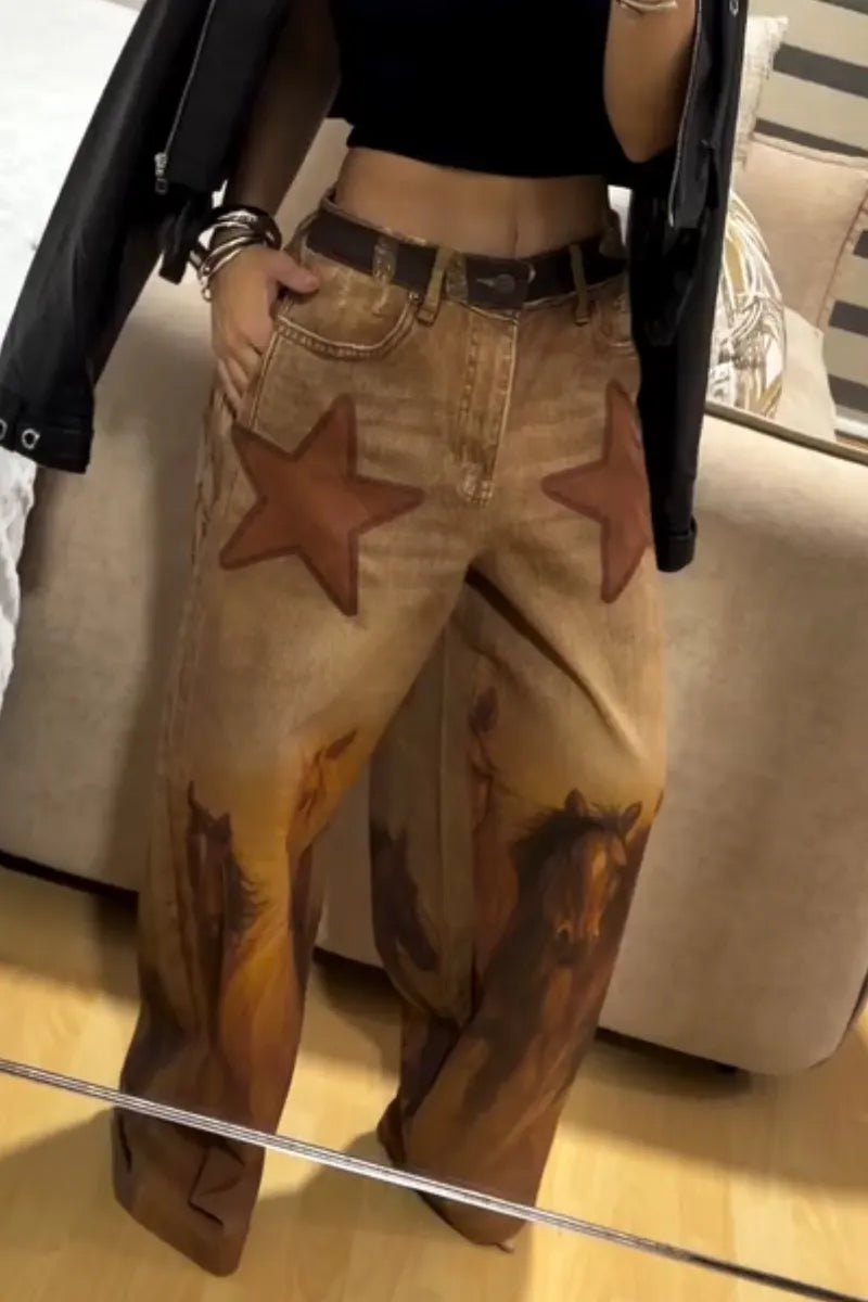 Women Star Animal Printed Casual Wide Leg Jeans
