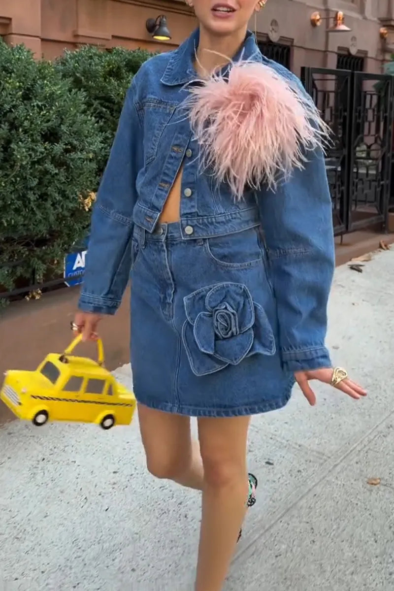 Women's Casual Plush Decoration Denim Jacket or Flower Denim Skirt