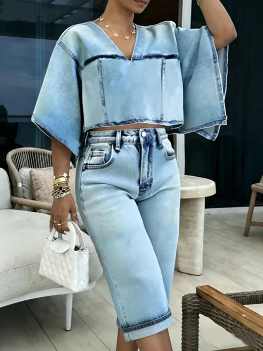 Contrast Color Split-Joint Batwing Sleeves Half Sleeves V-Neck Blouses&Shirts Tops