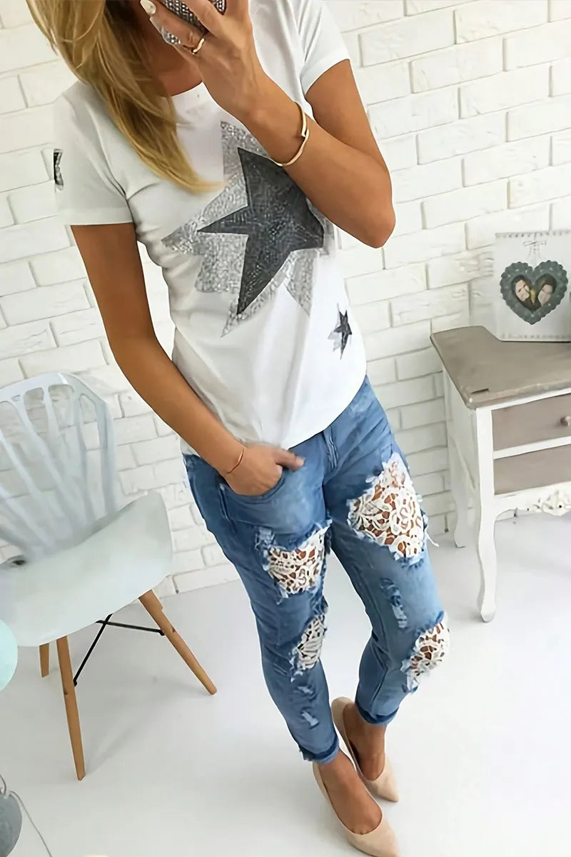 Women Distressed Ripped Jeans with White Floral Lace Patch Insert