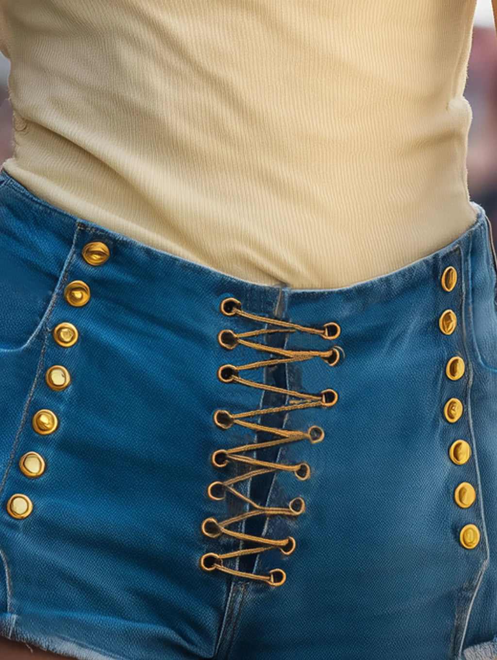 Premium Resort Blue Denim Lace-up With Gold Trim Shorts