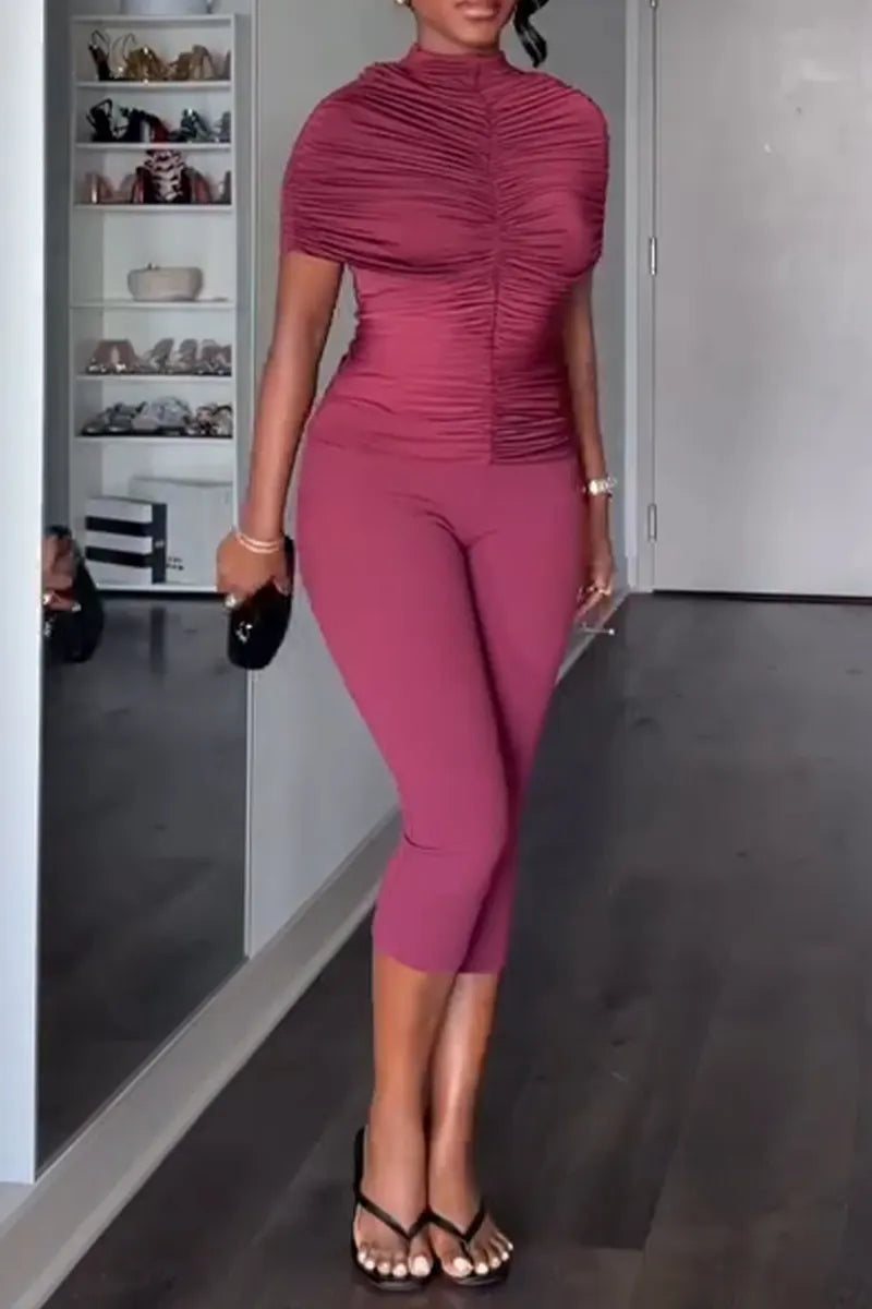 Women Round Neck Pleated Patchwork Top + Tight Pants Casual Set