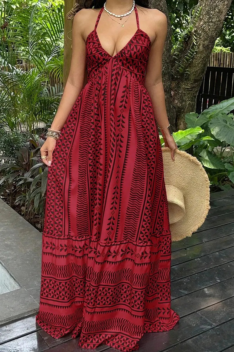 Women's Casual Halter Pattern Print Maxi Dress