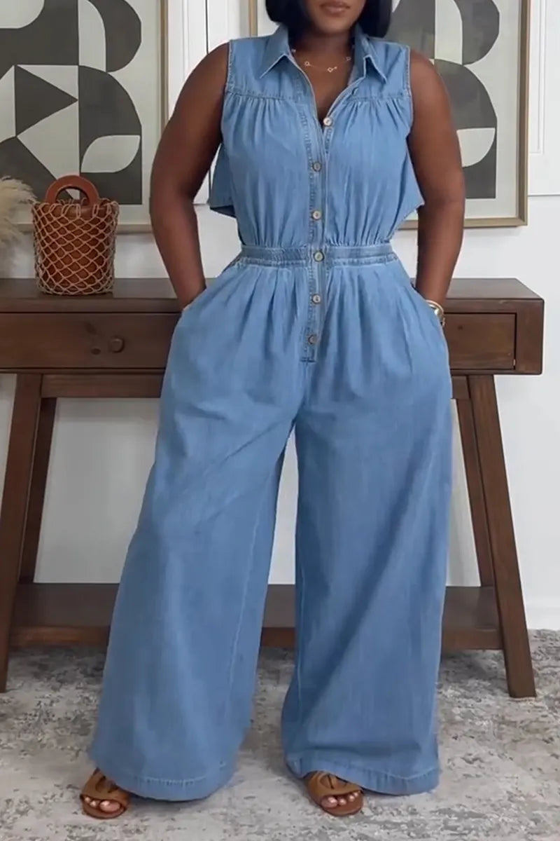 Women's Casual Sleeveless Wide Leg Denim Jumpsuit