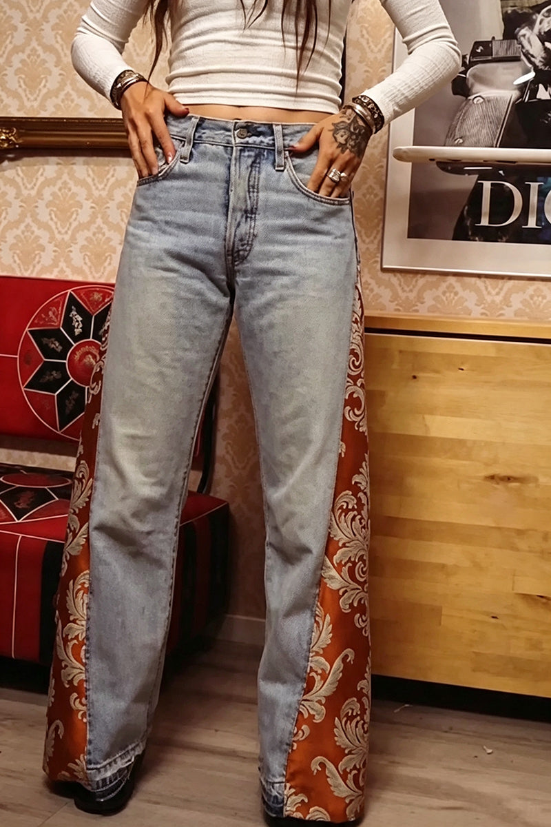 Women's Casual Side Pattern Patchwork Wide Leg Jeans