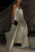 Women's Metallic Silver Pleated Strapless High-Low Evening Gown