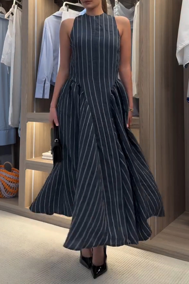 Women's Casual Side Pleated Stripe Maxi Dress