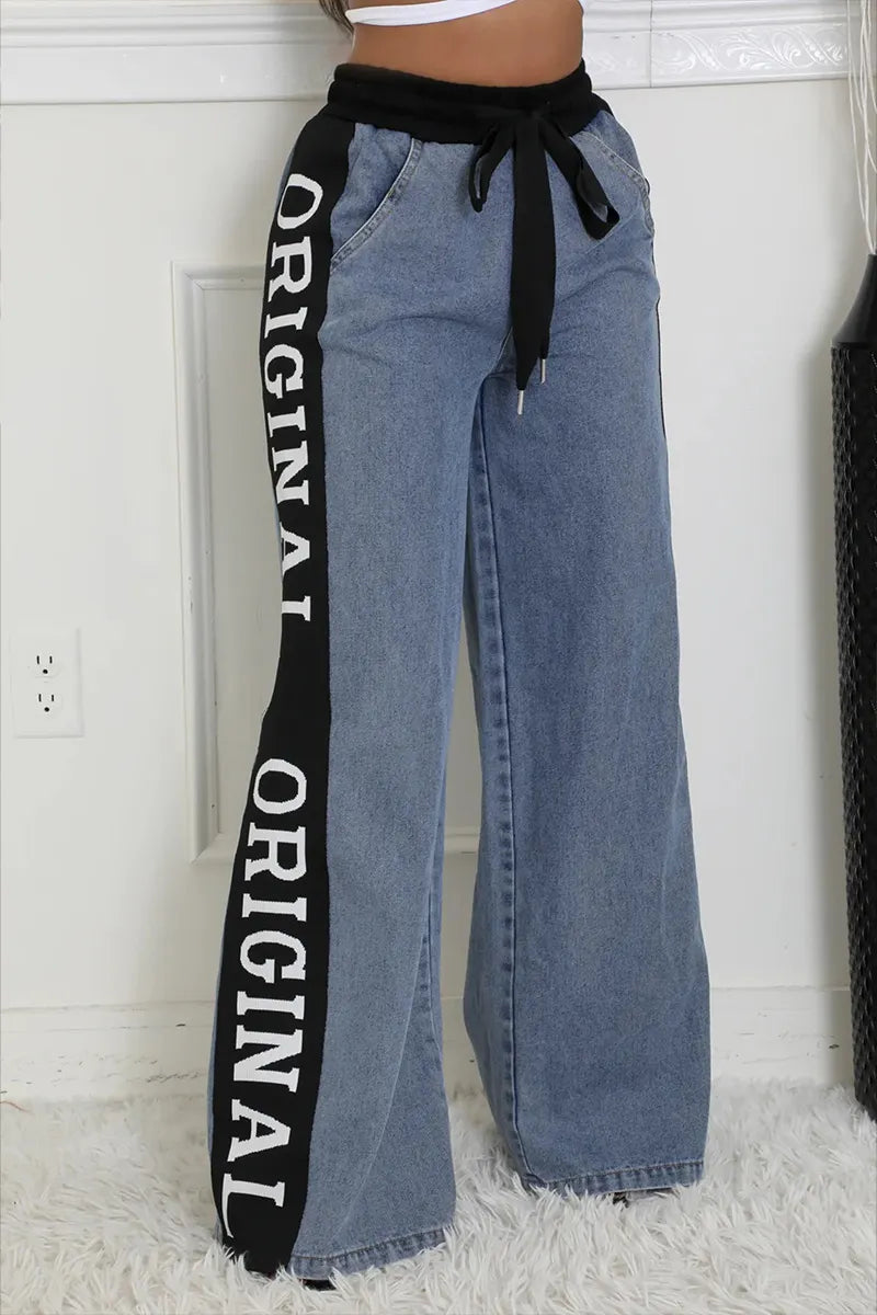 Women's Patchwork Webbing Wide-Leg Denim Jeans